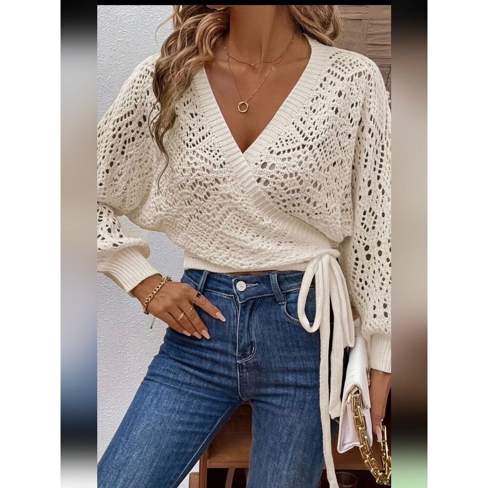 ♡♡♡Women’s Cream Soft Open Knit Tie Wrap Sweater Sz LARGE